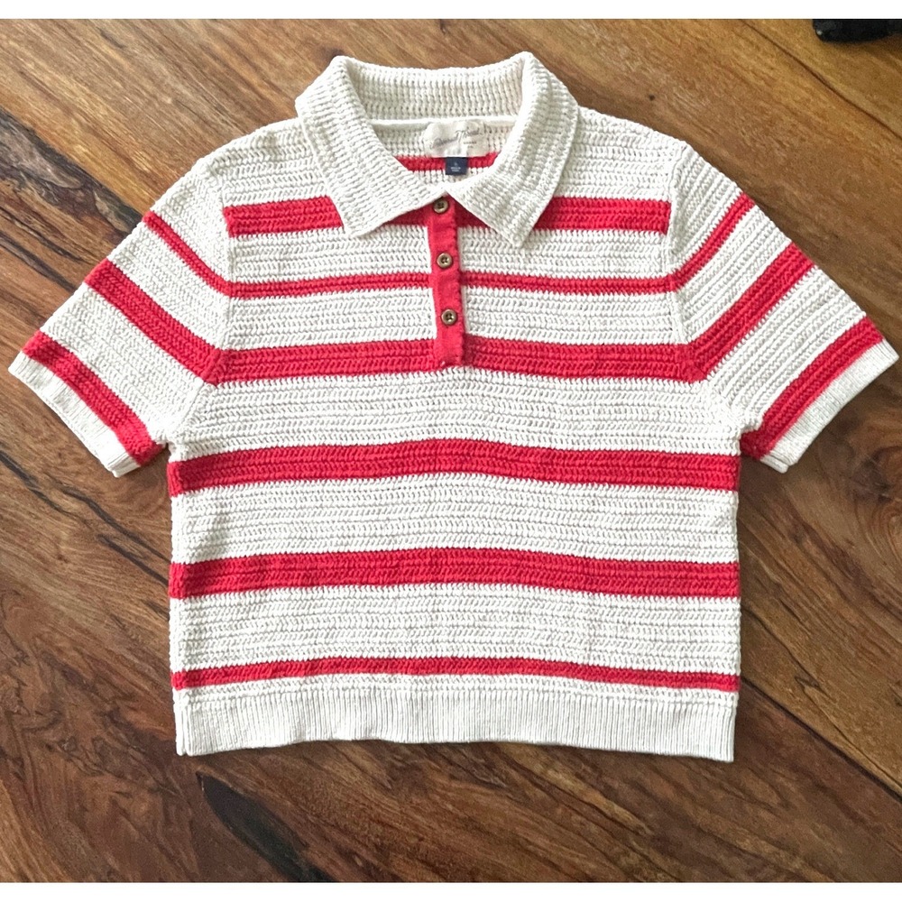 Universal Thread Womens Crochet Knit Polo Sweater Striped Red Cream  S
